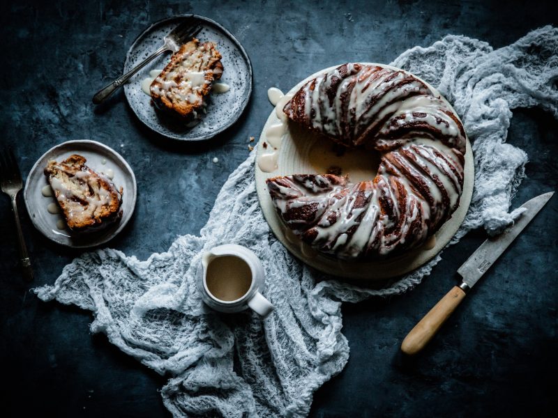 Babka dessert with mascarpone glate dark shaded food photography