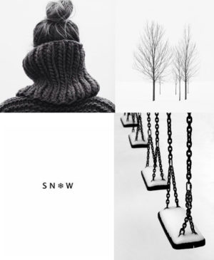 Girl in oversized turtleneck, snowy trees and swings and snow calligraphy