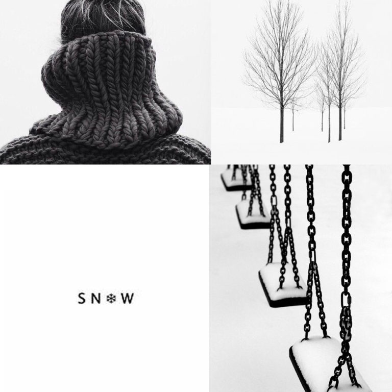 Girl in oversized turtleneck, snowy trees and swings and snow calligraphy
